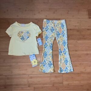 NWT Girls Size 5 Yellow Patchwork Heart Outfit - Top Shirt & Flare Pants Set